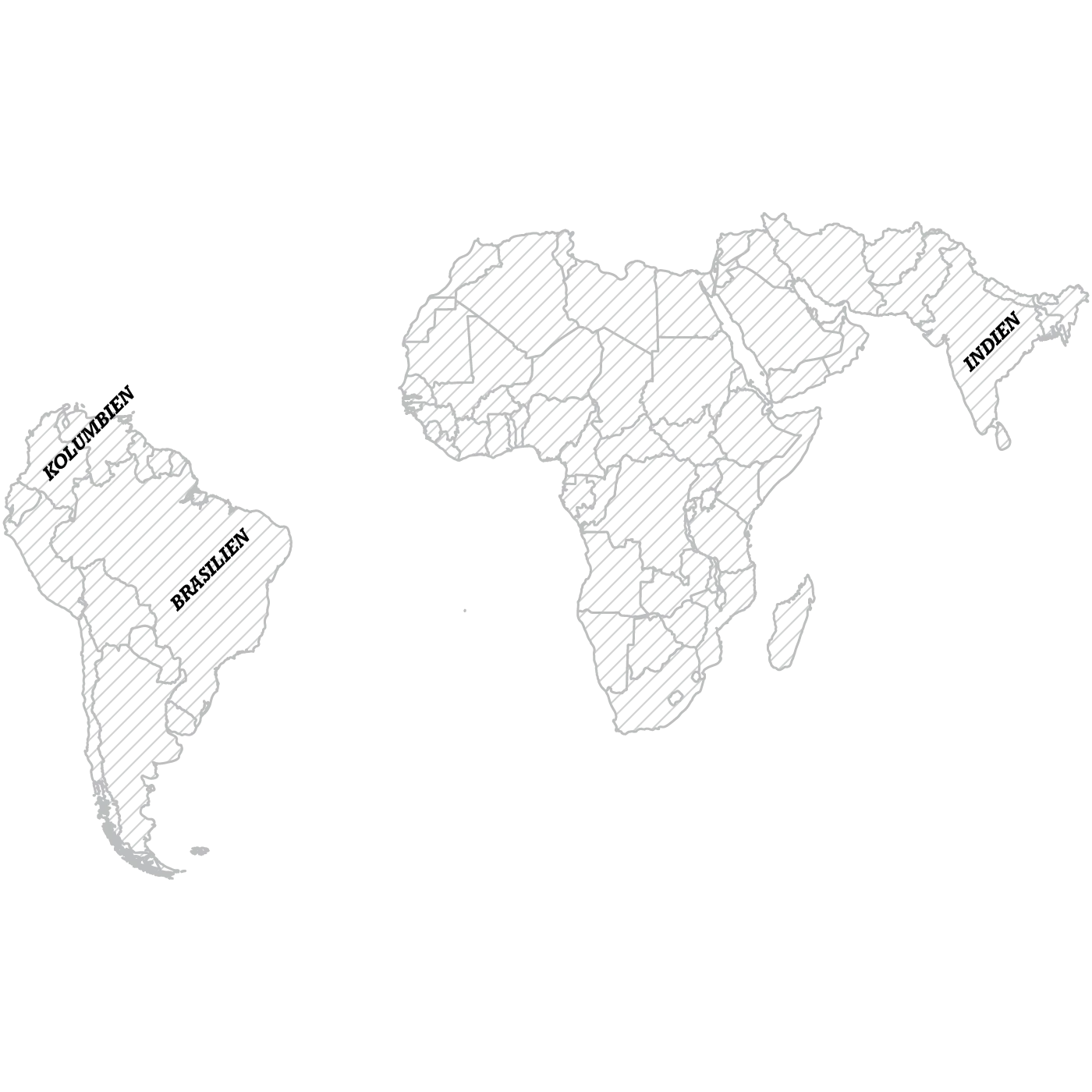 Weltkarte mit markierten Kaffeeanbaugebieten in Chiapas, Lateinamerika und Asien