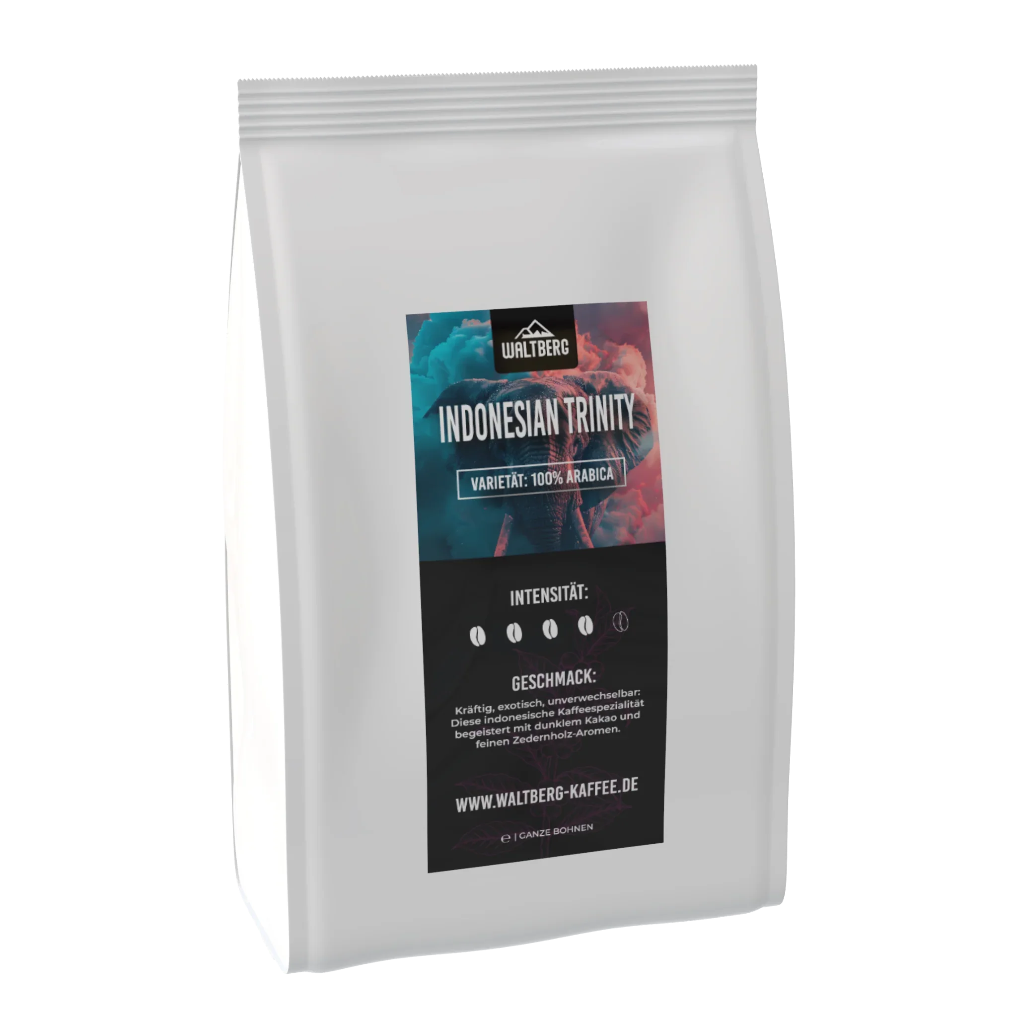 Kaffeeverpackung mit Label 'Indonesian Trinity', 100% Arabica, ganze Bohnen, exotischer Kaffee.