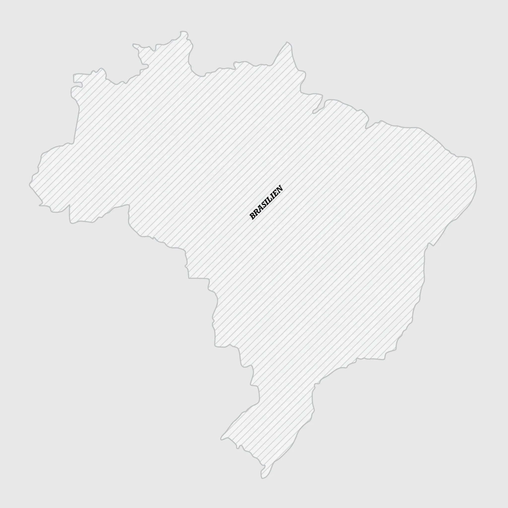 Umrisskarte von Brasilien mit diagonalen Linien und dem Schriftzug 'BRASILIEN', ideal für Kaffeeherkunft
