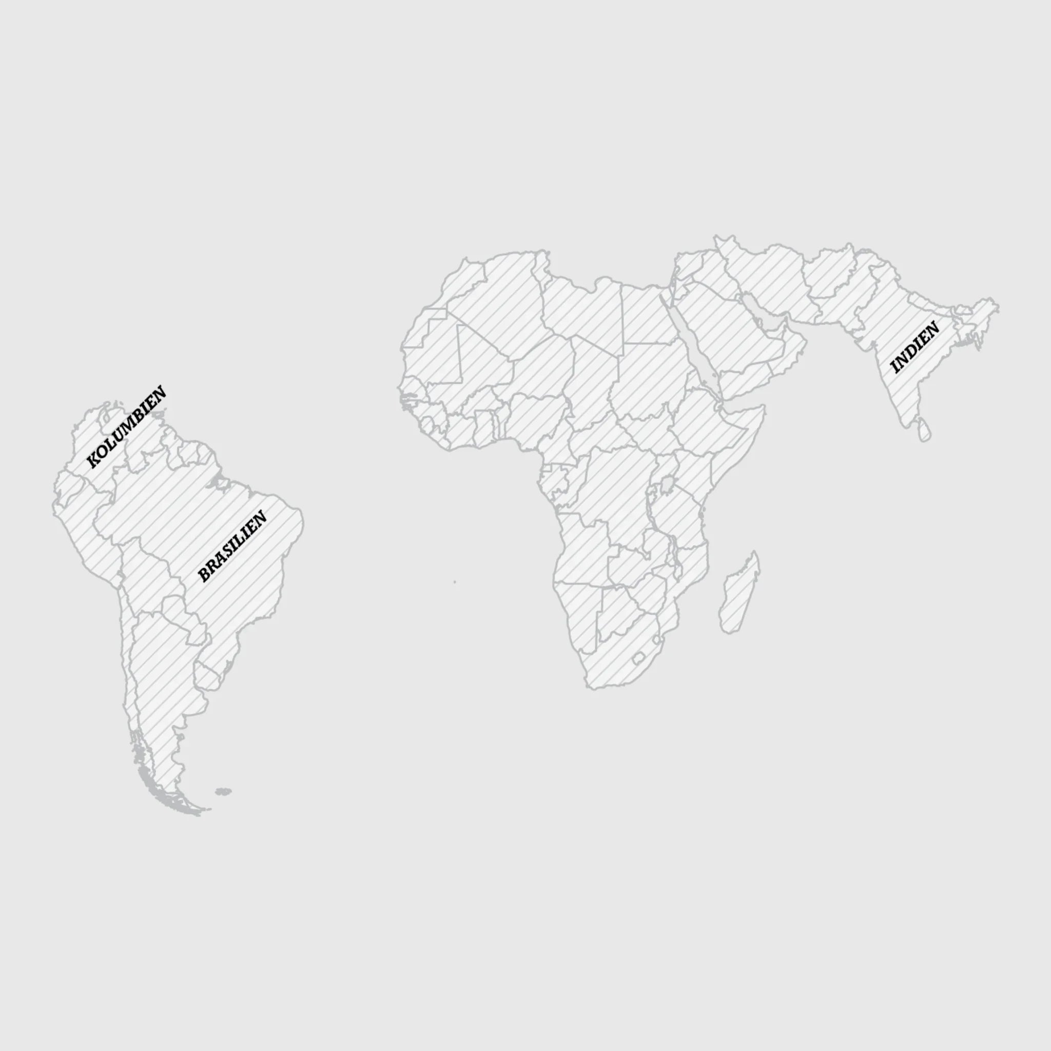 Weltkarte zeigt Kaffeeanbauländer Kolumbien, Brasilien und Indien, schwarz-weiß illustriert.